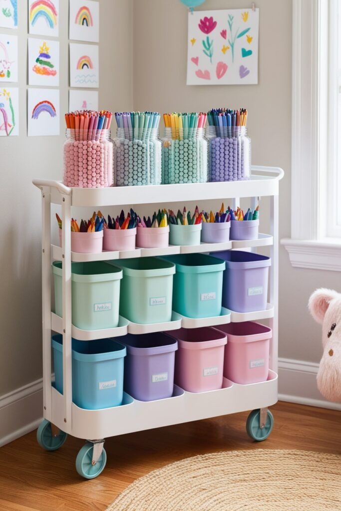 Rolling pastel art cart filled with neatly organized jars of markers, crayons, and brushes