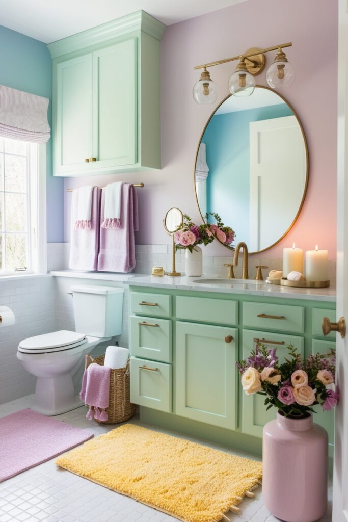 Serene master bath with a soft pastel spa palette—baby blue walls, mint green cabinetry