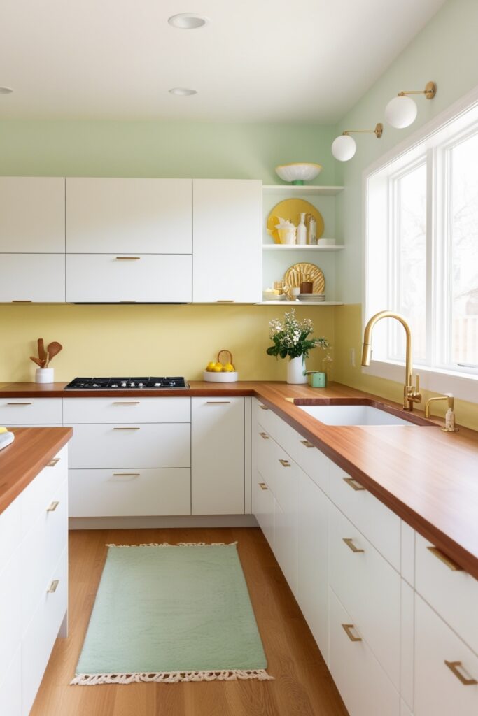 Sleek open kitchen in pastel tones, white handleless cabinets, butter yellow backsplash, warm wood countertop