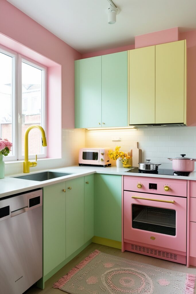 Small girly kitchen with slim appliances in pastel pink and butter yellow, mint green cabinets