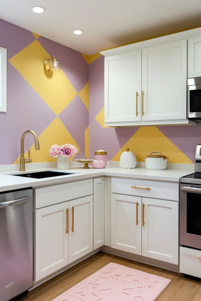 Small kitchen featuring bold geometric pastel backsplash in butter yellow and lavender, clean white cabinets