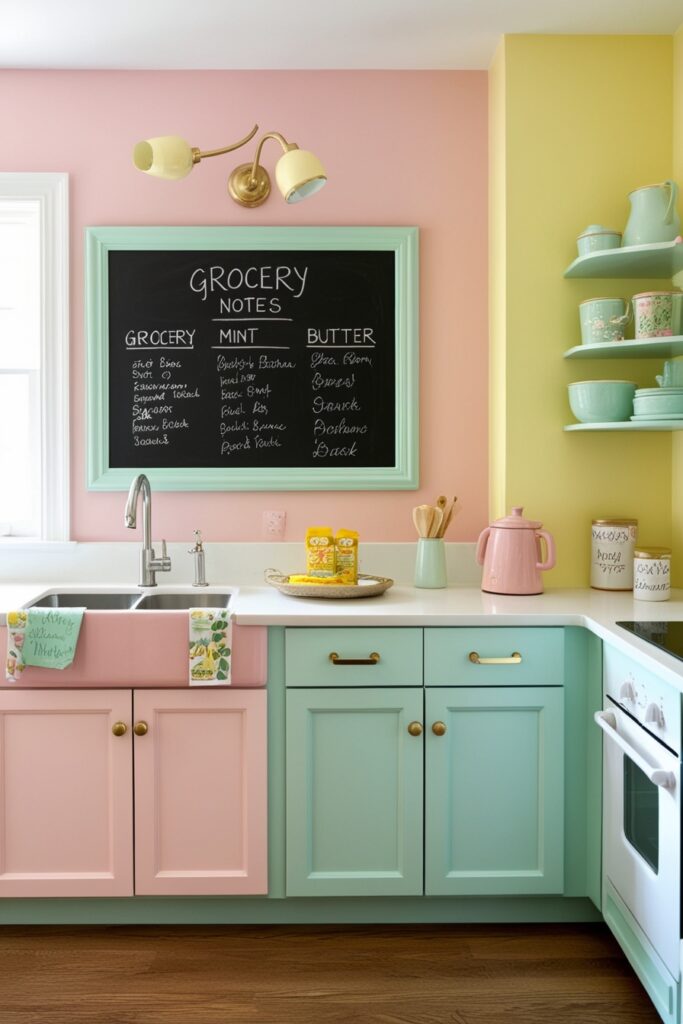 Small kitchen with pastel-framed chalkboard wall, handwritten grocery notes in chalk