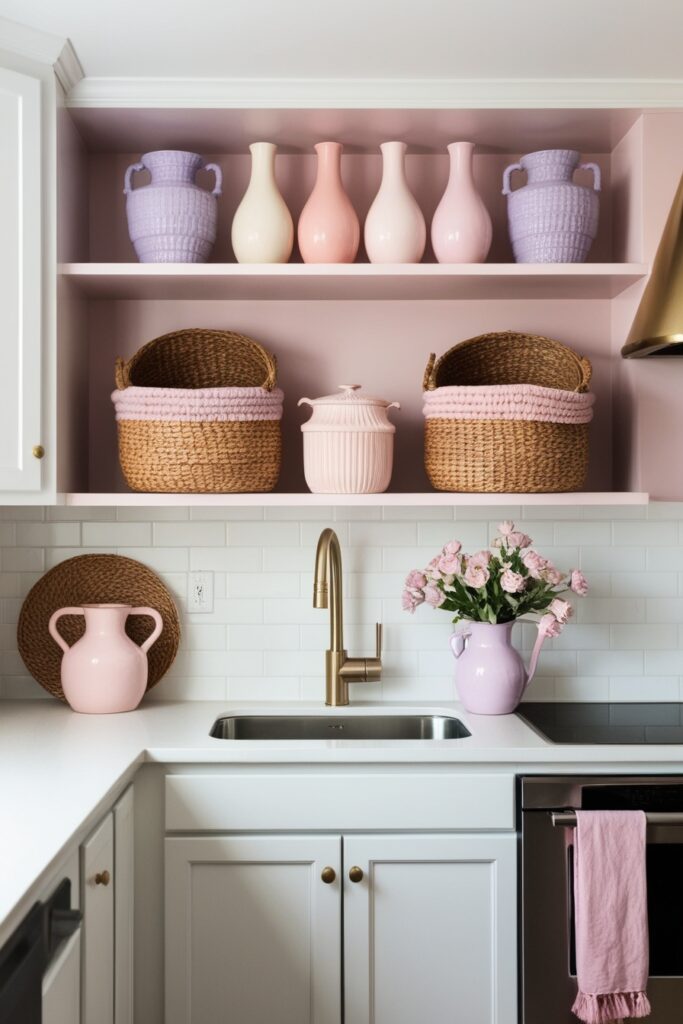Small kitchen with pastel vases and decorative baskets above white cabinets