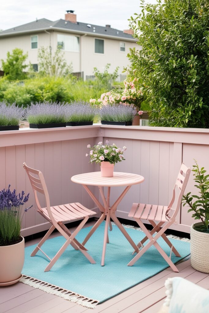 Small pastel-painted backyard deck with blush pink bistro table and chairs, baby blue outdoor rug