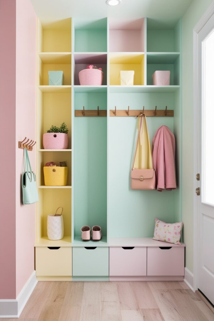 Small pastel-themed entryway with vertical storage floating pastel shelves, tall cubbies