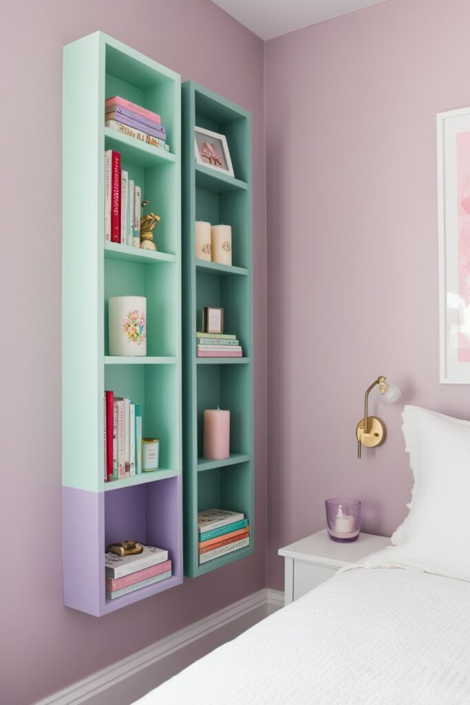 Small wall-mounted cubbies painted in pastel shades of mint green and lavender beside a bed