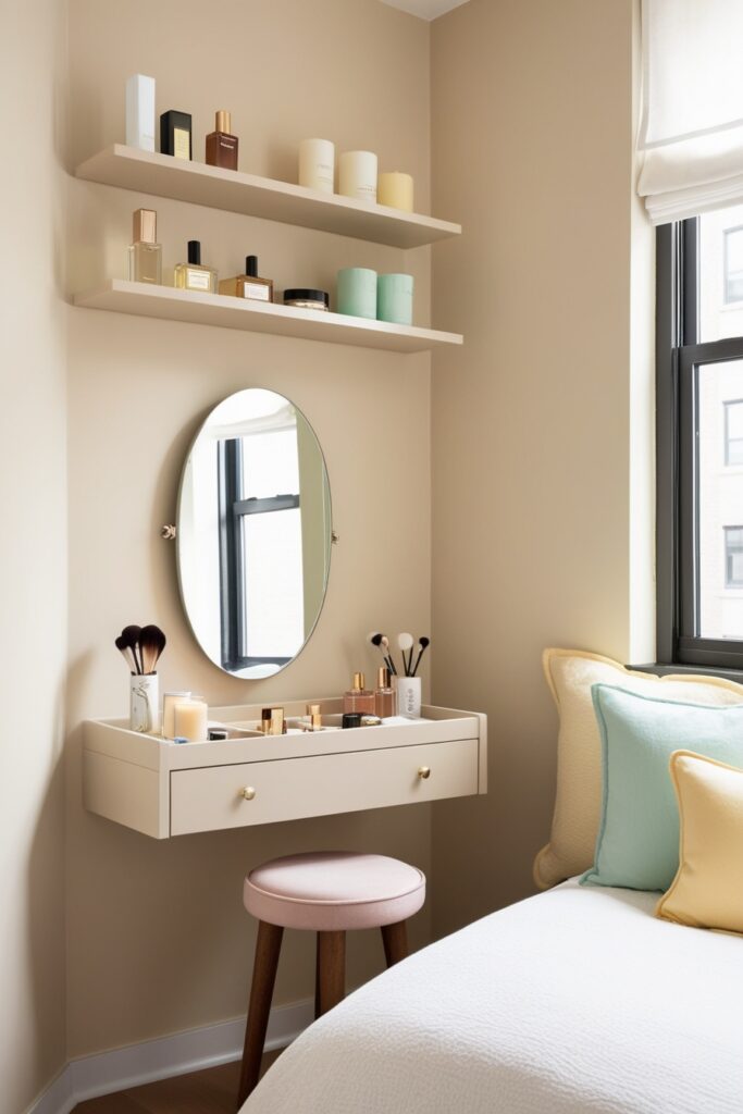 Small wall-mounted vanity in soft beige with a tall oval mirror, floating shelves above holding perfumes