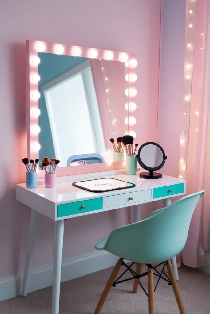 Smart vanity with LED-lit mirror glowing in pastel tones, wireless charging pad,