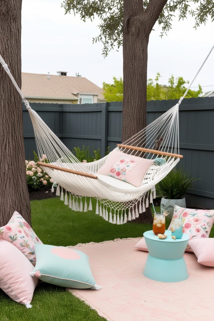Soft white hammock strung between two trees, surrounded by pastel floral pillows, baby blue side table
