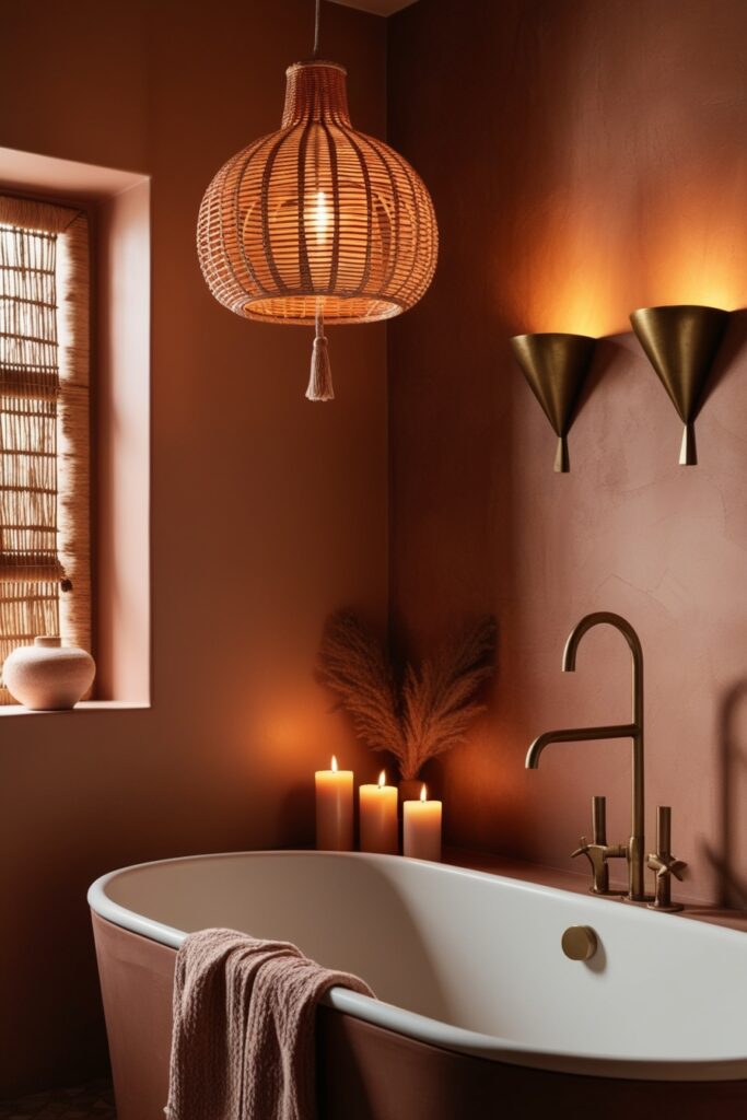 Softly lit boho bathroom with warm rattan pendant lamp, brass wall sconces, candles glowing