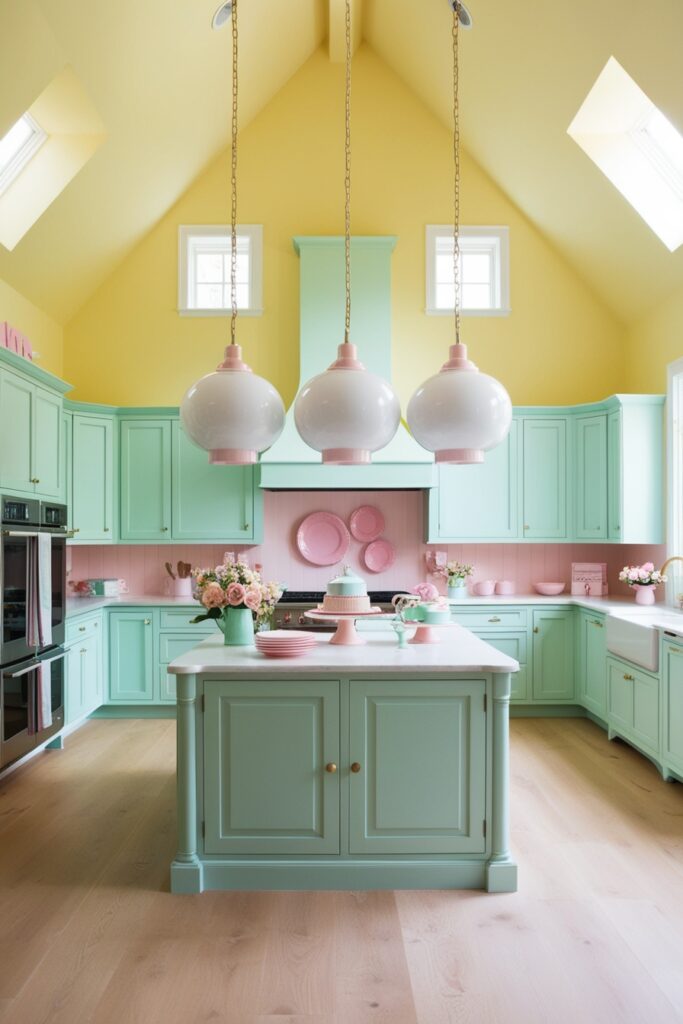 Spacious kitchen with a vaulted ceiling painted soft butter yellow, pastel blue cabinetry