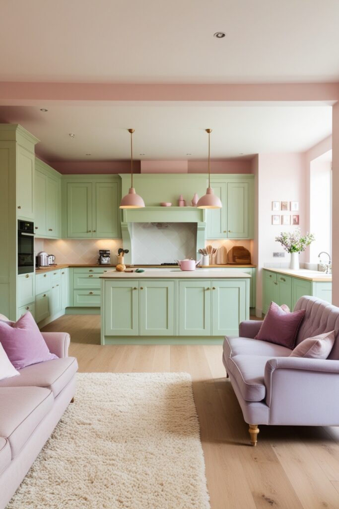 Spacious pastel-toned open kitchen blending into a living room, mint green cabinetry, light wood flooring in the kitchen