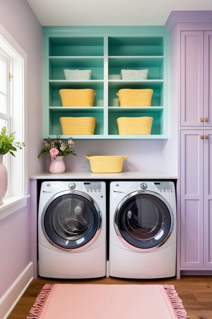Stylish mud room with washer and dryer tucked into pastel cabinets