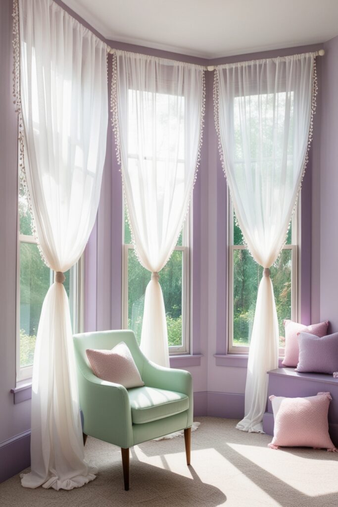 Sunroom with tall windows draped in flowing white sheer curtains, gently swaying in the breeze
