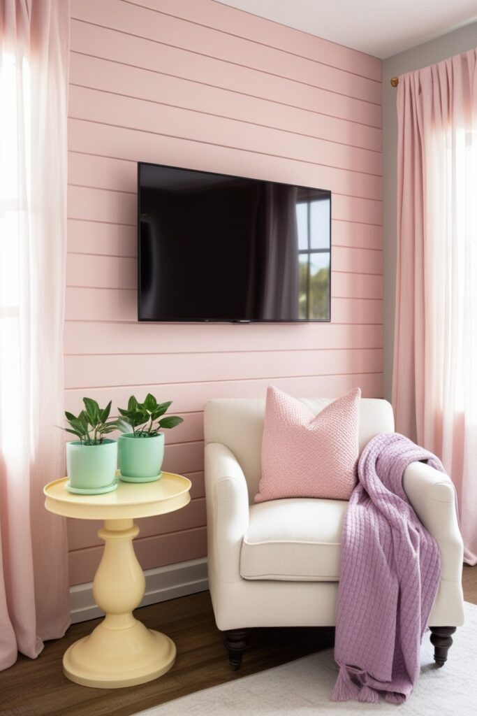 TV mounted on a pastel blush pink shiplap accent wall. A butter yellow side table