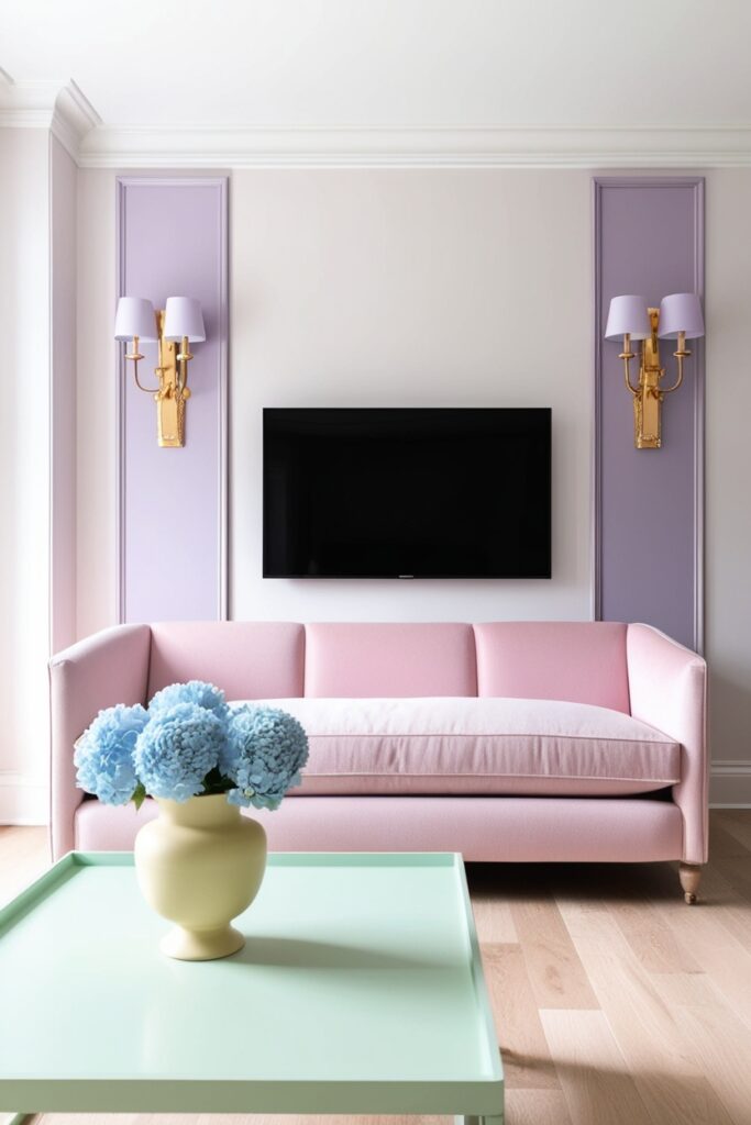 TV wall flanked by gold and pastel lavender wall sconces, with a blush pink sofa in front