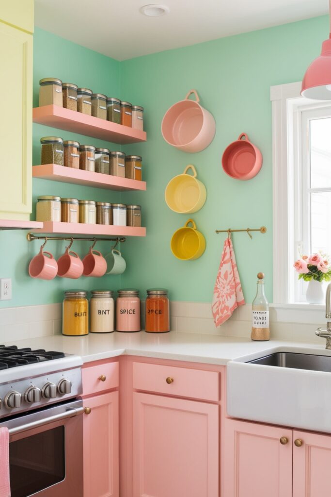 Tiny kitchen with pastel-colored vertical shelves, hanging storage