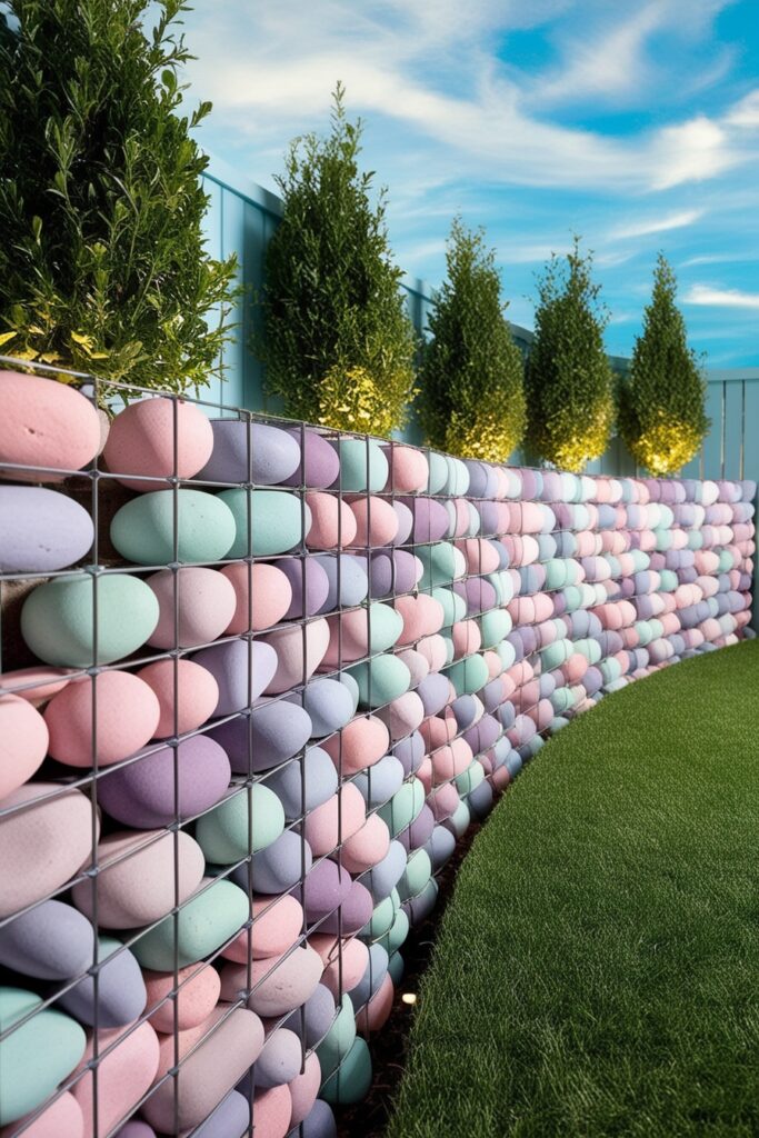 Trendy gabion retaining wall filled with smooth pastel-colored stones (1)