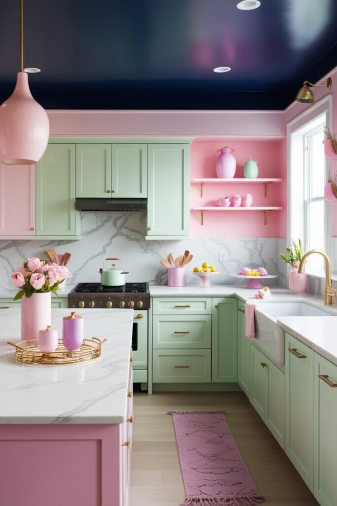 Trendy modern kitchen with a navy blue painted ceiling paired with pastel pink and lavender decor accents