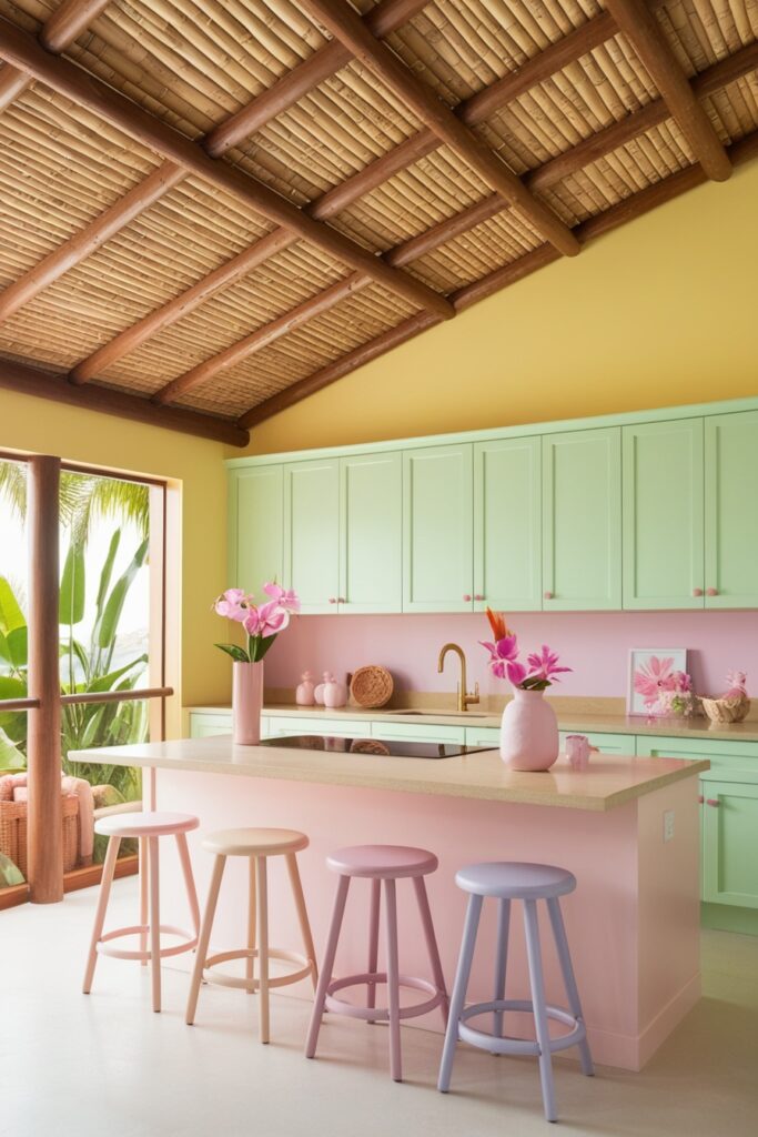 Tropical-inspired kitchen with a woven bamboo ceiling, pastel yellow walls, mint green cabinetry