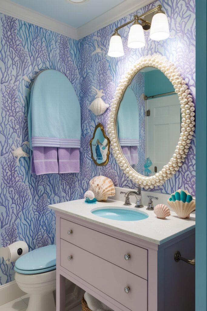 Under-the-sea themed bathroom with soft blue and lavender coral reef wallpaper