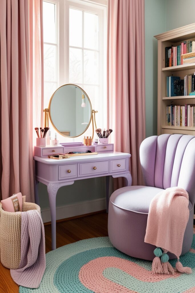 Vanity blended with a cozy corner small pastel vanity table, oversized plush chair (2)