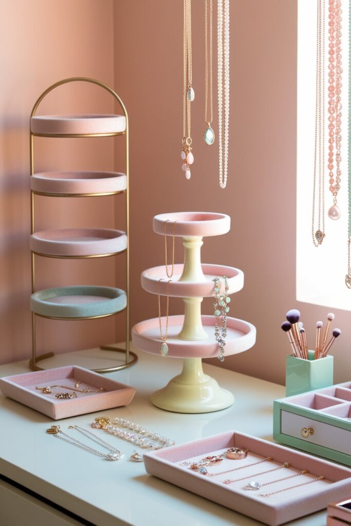 Vanity with tiered jewelry stands, velvet-lined trays, and necklaces displayed on pastel hooks