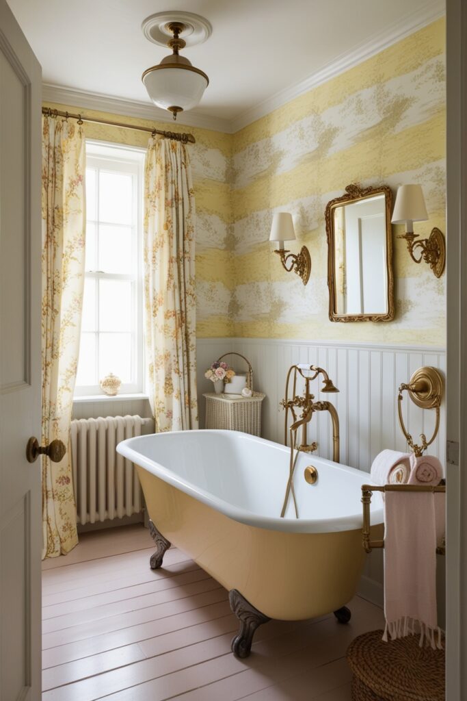 Vintage-inspired bathroom with pastel toile wallpaper in butter yellow and white