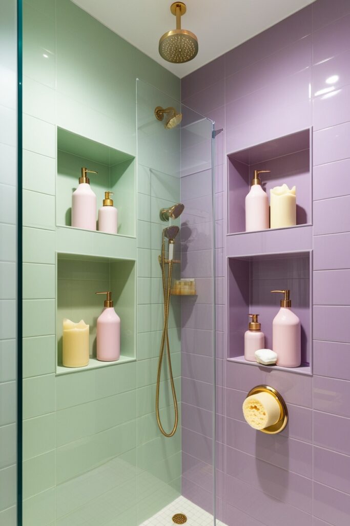 Walk-in shower with pastel built-in niches—mint green and lavender tiled recesses
