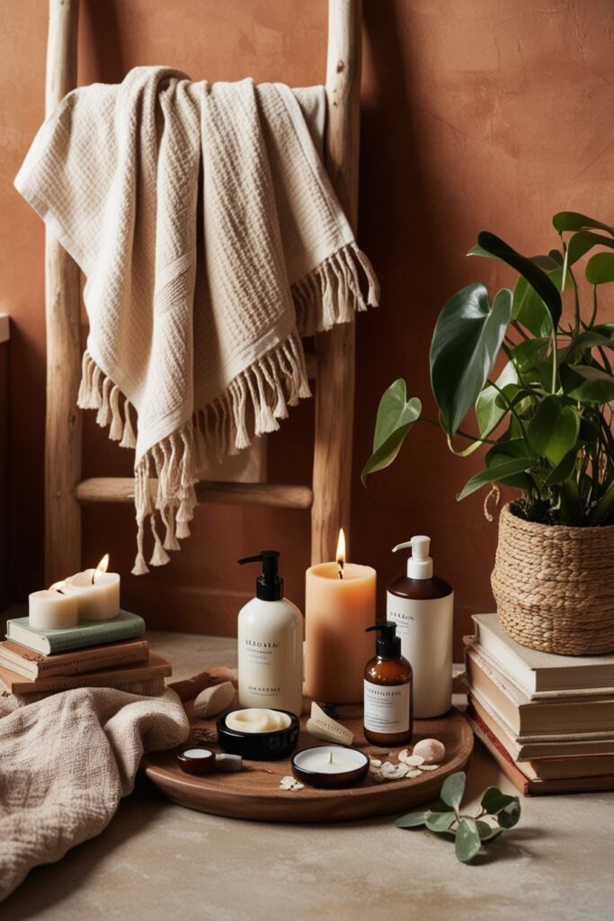 Warm, cozy boho bathroom with lived-in details a casually draped towel, open skincare bottles