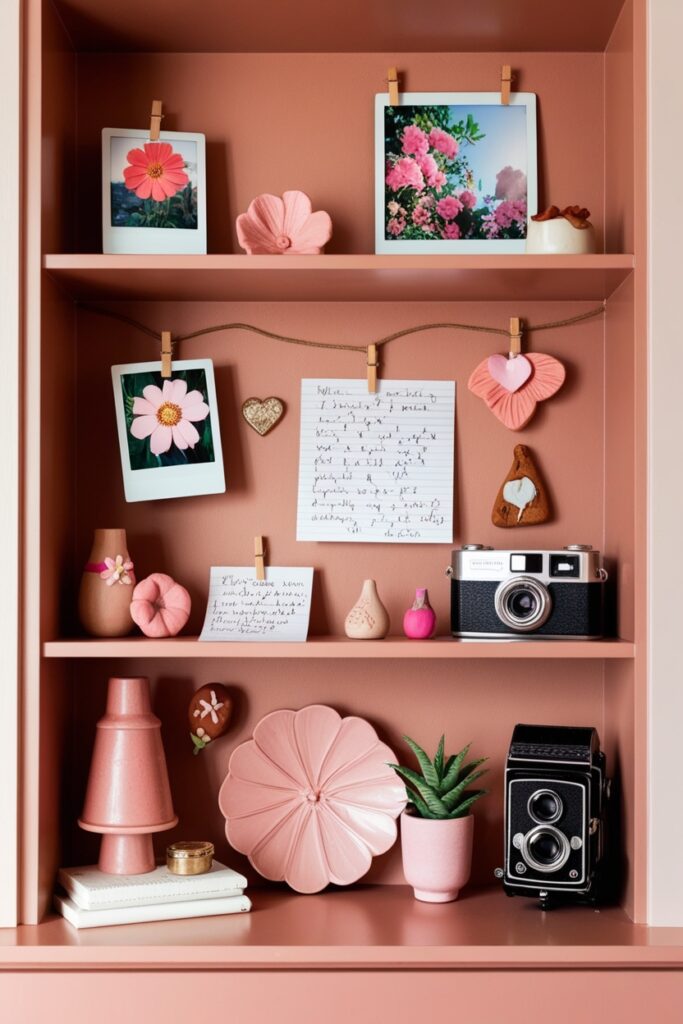 Warm-toned apartment shelf with personal decor polaroid photos, handwritten notes, handmade clay trinkets, a vintage camera