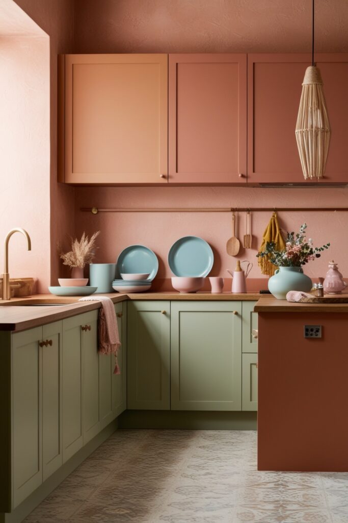 Warm-toned boho kitchen in terracotta, sage green, mustard, and dusty rose, pastel blue dishes
