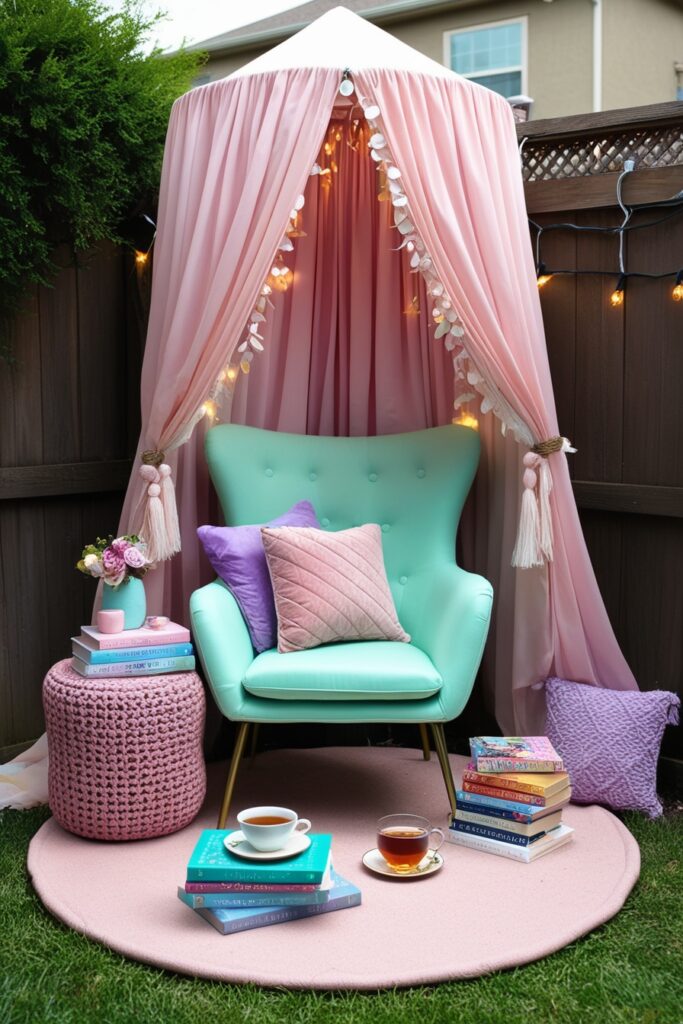 Whimsical reading nook in a backyard corner, mint green chair with lavender and blush pillows