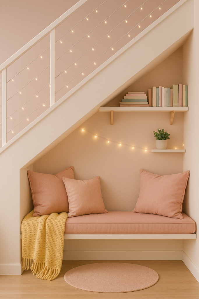 a built-in blush pink bench with pastel-toned throw pillows and a chunky butter yellow knit blanket draped