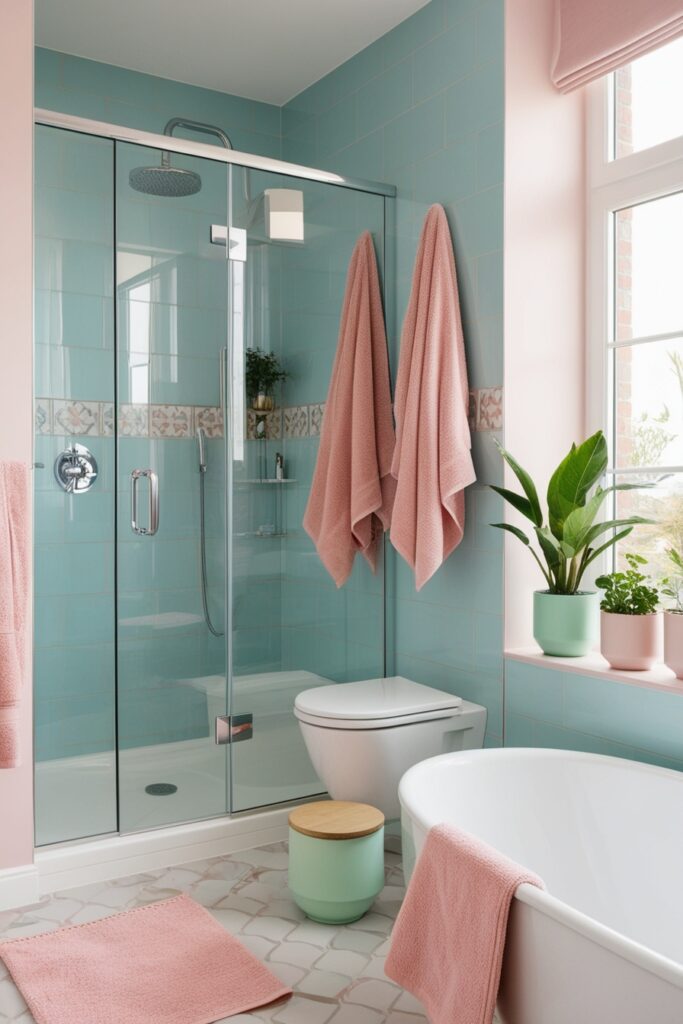 aesthetic bathroom with a glass-enclosed shower and soaking tub combo