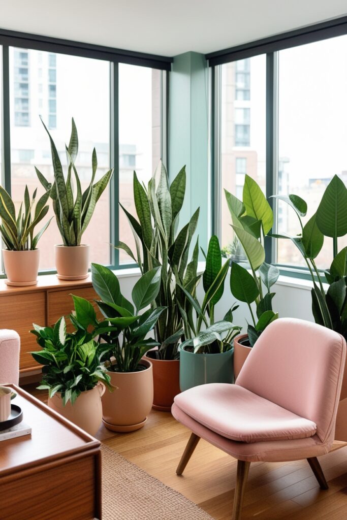 apartment space with large windows and lots of indoor plants snake plant, pothos, and rubber trees in ceramic pots