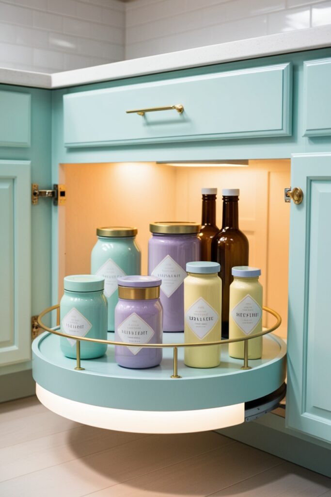 baby blue kitchen cabinet with a spinning Lazy Susan holding jars and bottles (2)