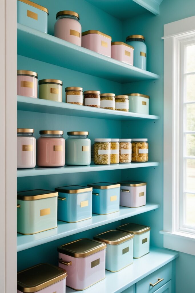 baby blue pantry with tiered white shelves holding jars, cans, and boxes