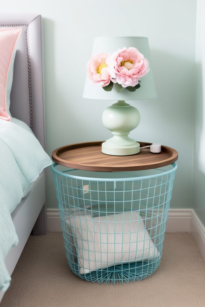 baby blue wire basket flipped with a round wooden tray on top, used as a nightstand
