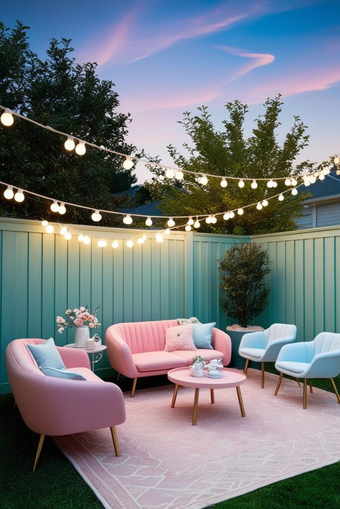 backyard at twilight, soft string lights hanging across a mint green fence, cozy outdoor furniture