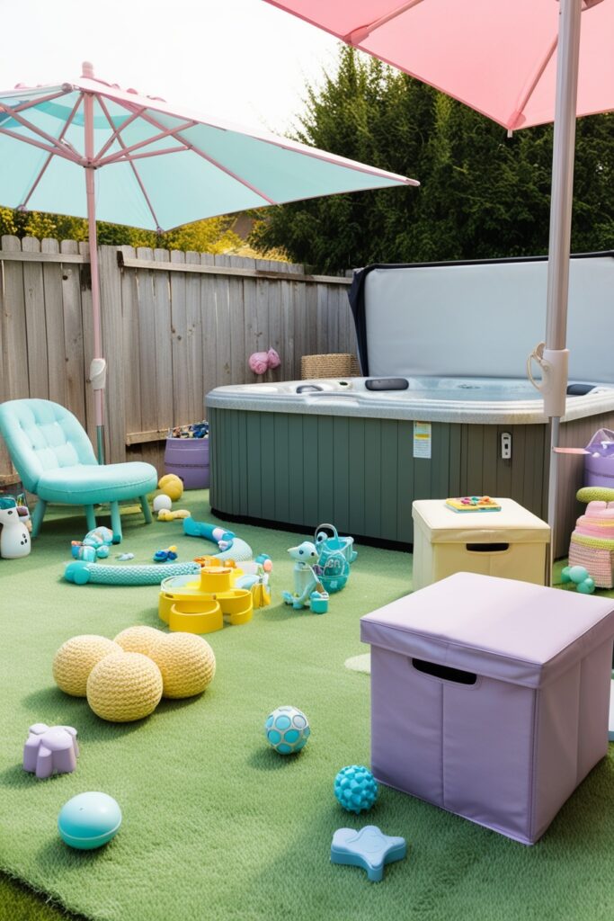 backyard scene with a pastel-themed kids’ play area next to a hot tub