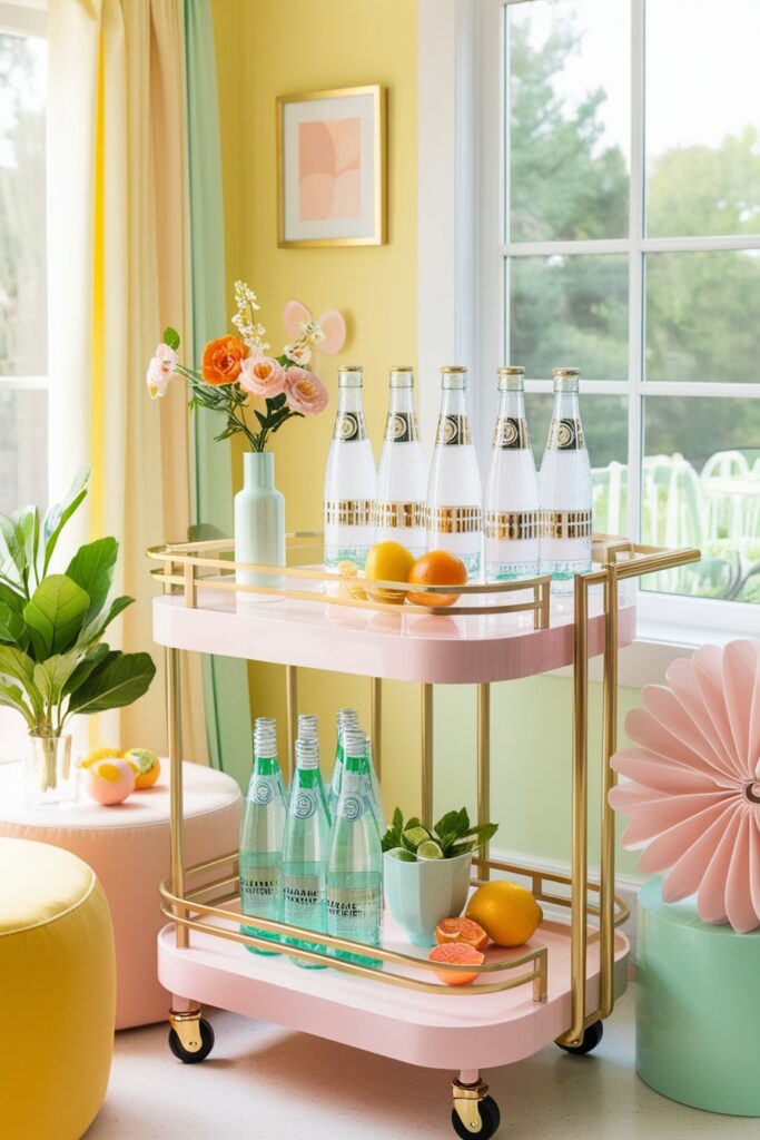 bar cart in a sunroom, decorated with sparkling water bottles, gold-rimmed glasses, a mini vase with fresh flowers