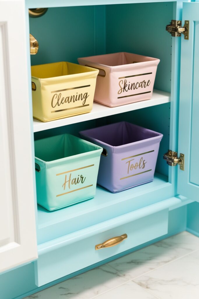 bathroom vanity cabinet with labeled baskets for different categories
