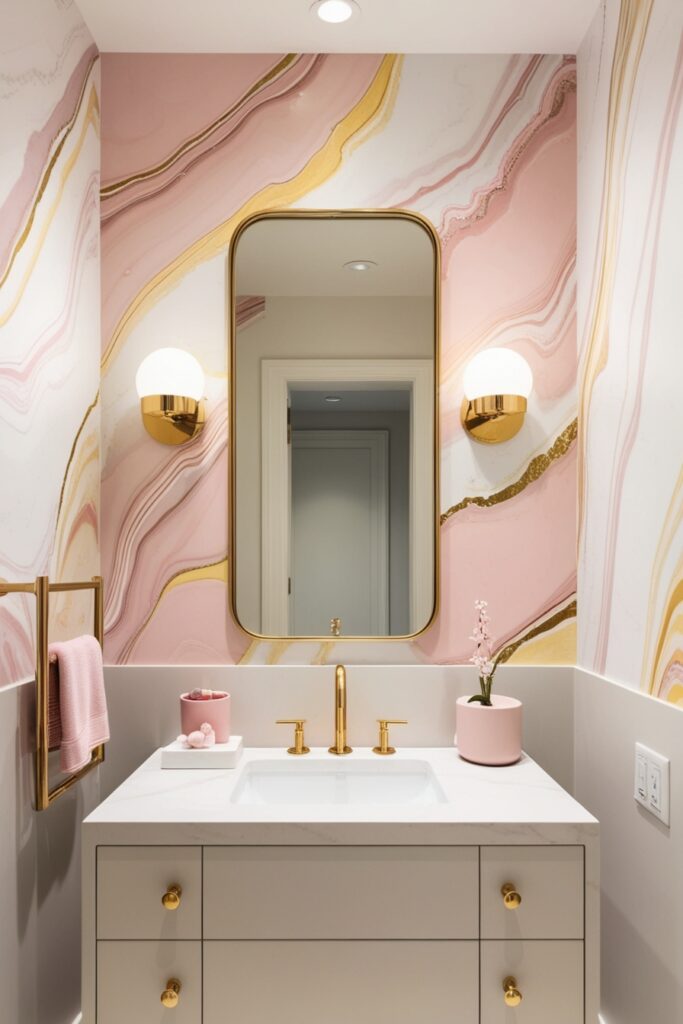 bathroom with pastel marble wallpaper in soft pink, white, and butter yellow swirls