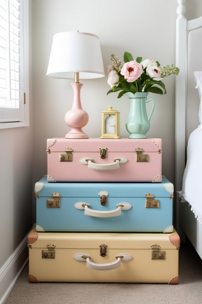 bedroom corner featuring a stack of pastel-colored vintage suitcases