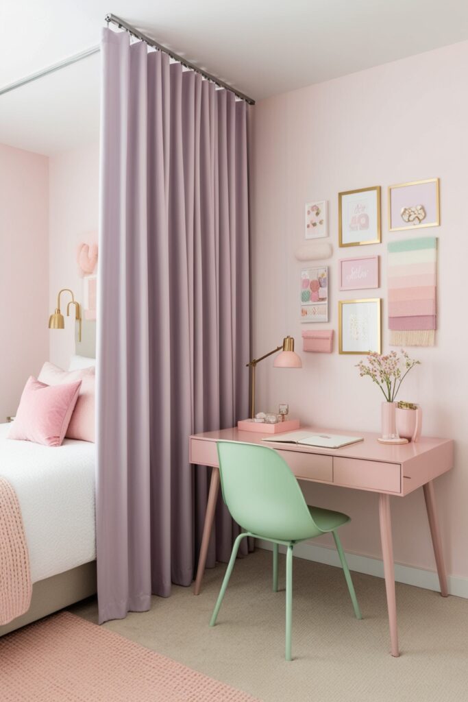 bedroom office combo with a soft curtain divider in light lavender separating a workspace and sleeping area