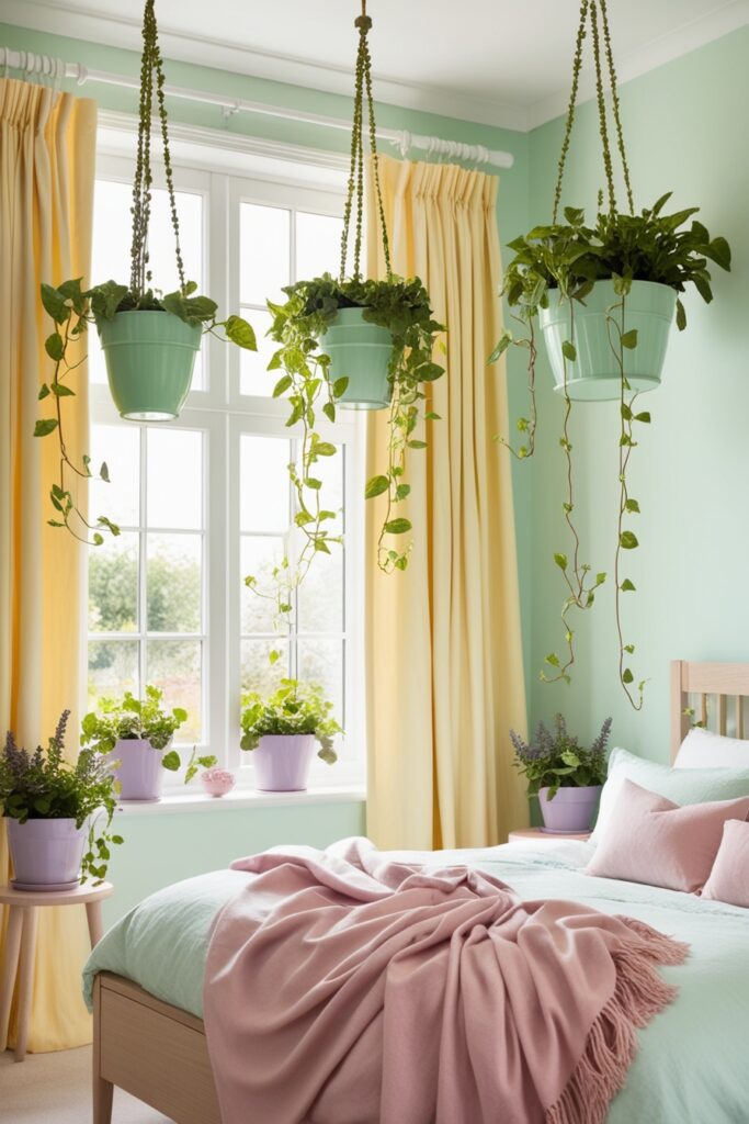 bedroom overflowing with greenery — hanging mint green planters, lavender pots