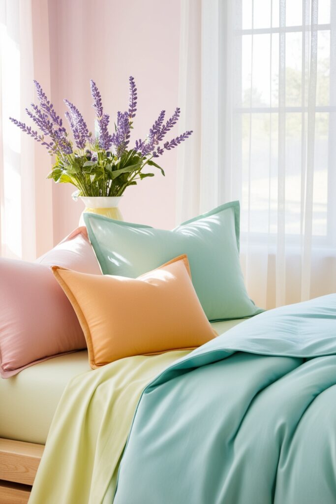 bedroom styled for spring, with blush and butter yellow pillows, a mint green throw blanket,