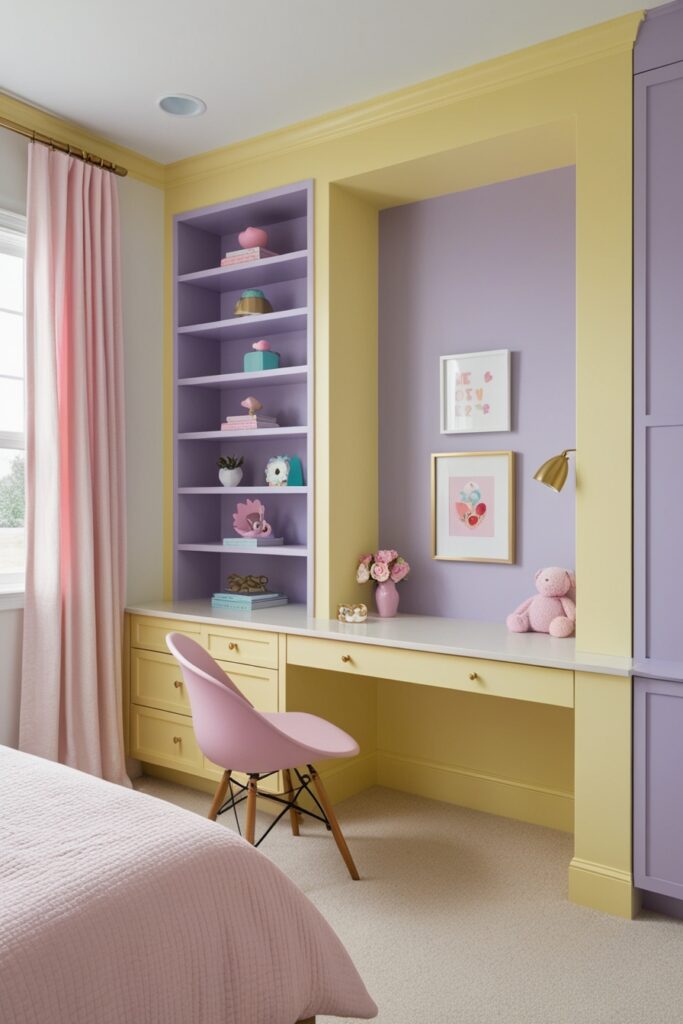 bedroom with a built-in niche desk painted in soft butter yellow, pastel pink decor and chair