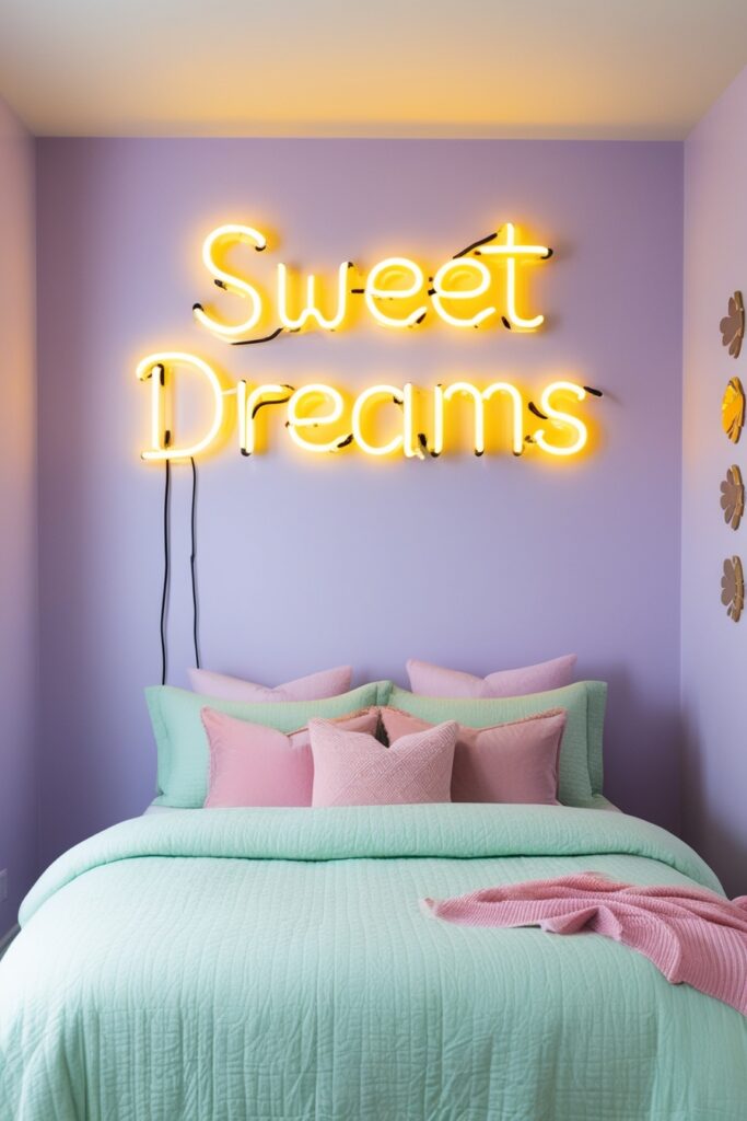 bedroom with a custom neon sign reading “Sweet Dreams” in soft butter yellow light